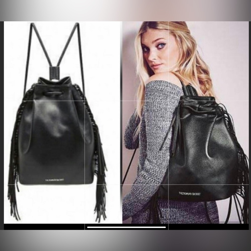 NEW Victoria’s Secret Black Faux Leather Fringe Backpack Boho Shoulder Bag - Picture 1 of 4